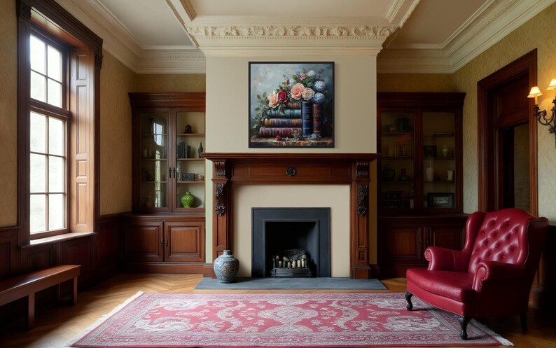 a cozy and elegant living room with a fireplace, wooden furniture, and a red armchair. A large painting of flowers above the fireplace adds a touch of color and artistry to the space.