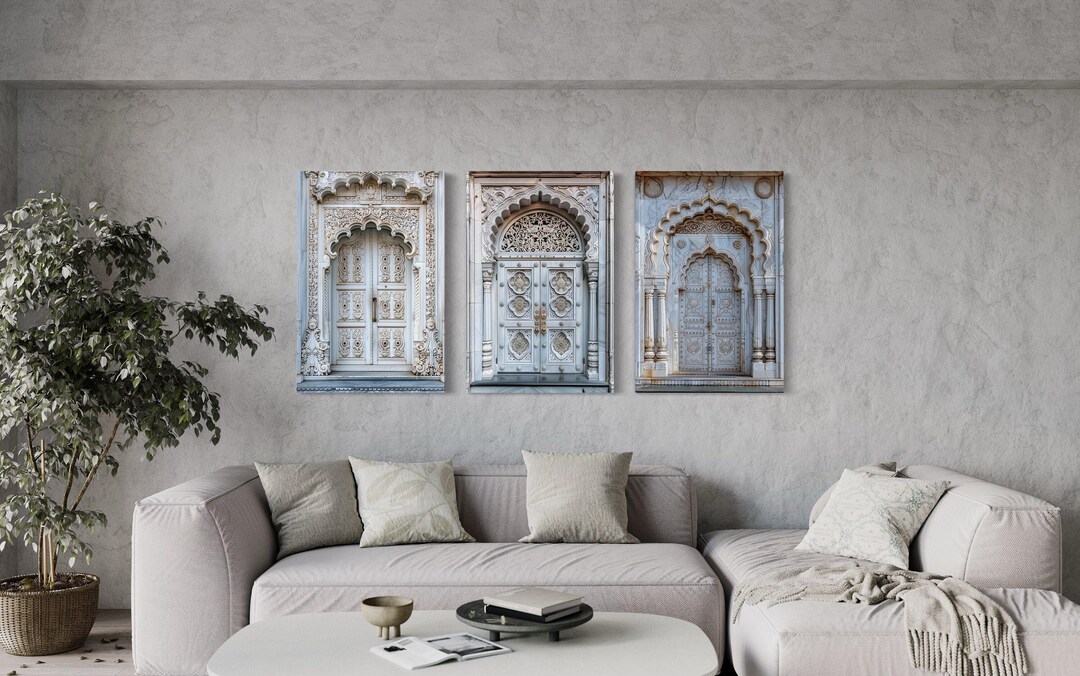 Set of Three Indian Wall Art, Neutral Grey Indian Doors Painting Canvas ...
