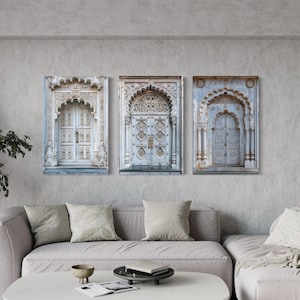 Set Of Three Indian Wall Art, Neutral Grey Indian Doors Painting Canvas PRINT, Traditional Hindu Architecture Wall Decor Ready To Hang