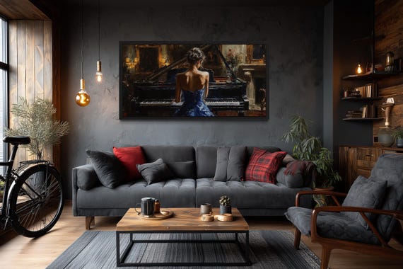 chinese dress ladies Blue Renaissance Wall Art Print Painting Girl Practicing Piano Canvas for  Study Room