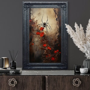 Halloween Wall Art, Spider on a Spider Web Dark Academia Painting Canvas or Poster PRINT, Gothic Wall Decor Ready To Hang