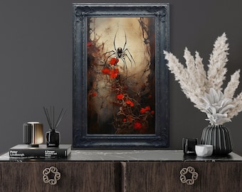 Halloween Wall Art, Spider on a Spider Web Dark Academia Painting Canvas or Poster PRINT, Gothic Wall Decor Ready To Hang