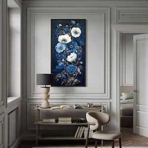 Tall Narrow Art Nouveau Wall Art, Blue White Floral Boho Framed Painting Canvas PRINT, Decorative Luxury Thin Wall Decor Ready To Hang
