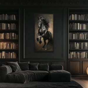 a luxurious living room with a large black horse painting on the wall, surrounded by bookshelves filled with books. The room has a dark color scheme and features a black leather sofa and a round floor lamp, creating a sophisticated and elegant atmosphere.