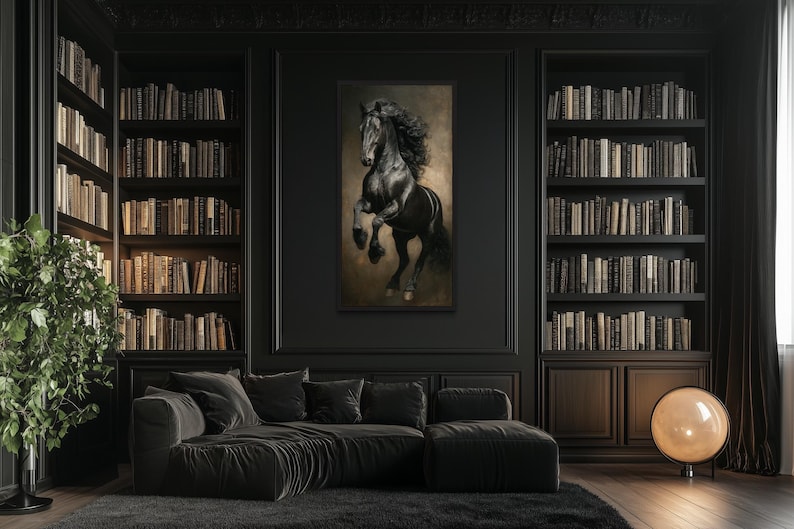 a luxurious living room with a large black horse painting on the wall, surrounded by bookshelves filled with books. The room has a dark color scheme and features a black leather sofa and a round floor lamp, creating a sophisticated and elegant atmosphere.