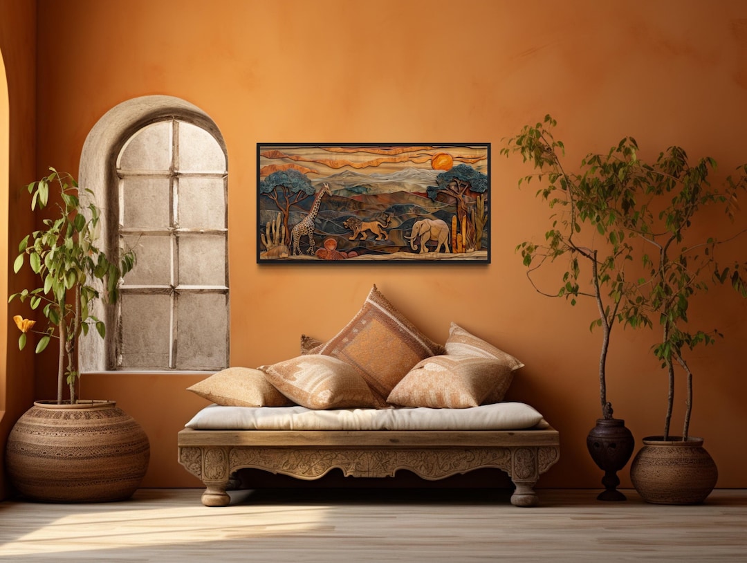 African Wildlife Wall Art, Savanna Landscape With Elephants, Giraffe ...