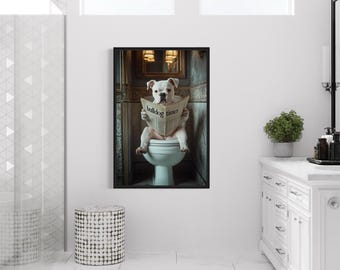 American Bulldog Dog On The Toilet Reading Newspaper, Funny Bathroom Art, Toilet Humor Animal Print or Canvas Framed Unframed Ready To Hang