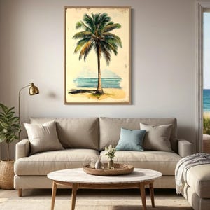 Palm Tree Wall Art, Vintage Style Palm On The Beach Painting Canvas PRINT, Coastal Wall Art, Tropical Artwork Ready To Hang