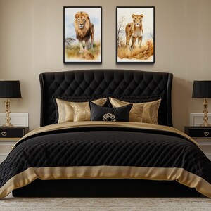 a luxurious bedroom with a large bed, black tufted headboard, and gold accents. Two framed paintings of lions are displayed on the wall above the bed.
