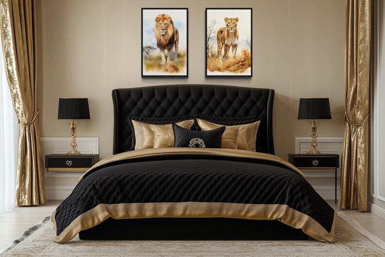 a luxurious bedroom with a large bed, black tufted headboard, and gold accents. Two framed paintings of lions are displayed on the wall above the bed.