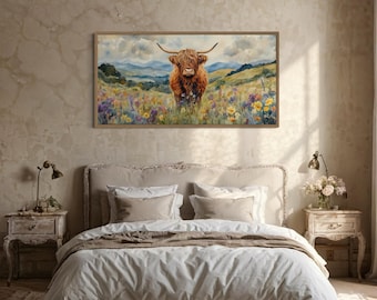 Highland Cow In Wildflower Field Painting Canvas PRINT, Farmhouse Wall Art Rustic Wall Decor Framed Ready To Hang