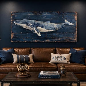 May include: A rectangular wall art piece featuring a painted blue whale on distressed dark blue wooden planks, displayed above a brown leather sofa with navy blue and beige throw pillows, including one with the text YACHT CLUB.