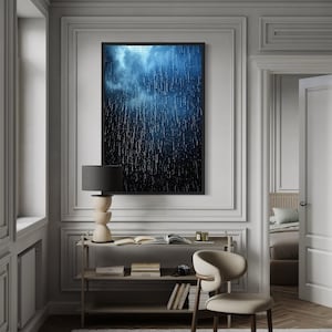 Rain Painting - Navy Blue Rain Drops Wall Art -Bathroom Wall Decor Canvas Print Framed Unframed Ready To Hang