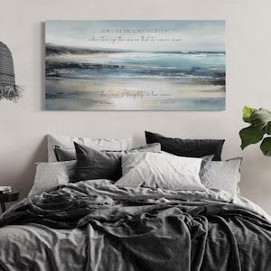 Scripture Canvas Wall Art Isaiah 51:15 Coastal Painting, Tranquil Ocean Scene Christian Wall Decor Framed Ready to Hang