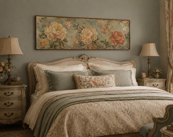 A Vintage Garden Of Peonies In Cream Coral And Sage Soft Blue Background Wall Art, Framed Floral Tapestry Above Bed Decor, Horizontal Canvas