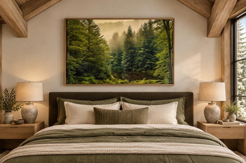 May include: A rectangular wall art print featuring a dense forest with tall green pine trees and a misty, golden-hued atmosphere. The artwork is displayed in a thin wooden frame, centered above a bed with olive green bedding and pillows.