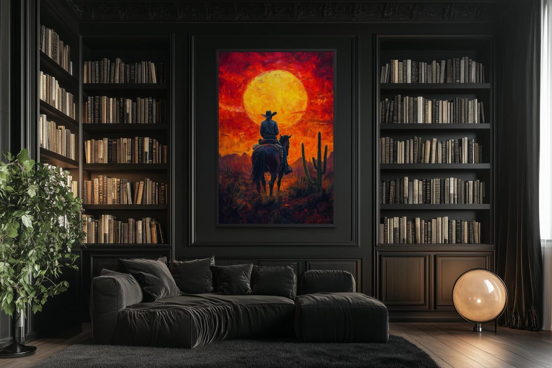 Cowboy on Horse at Fiery Desert Sunset Wall Art, Canvas Print Western ...