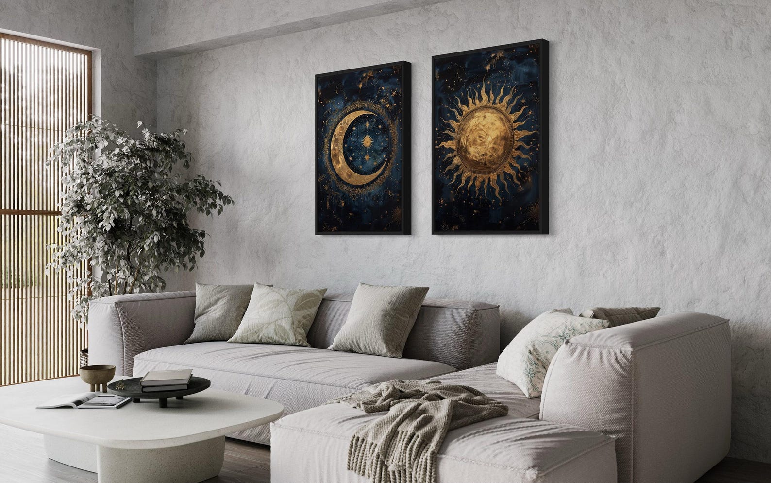 Set of 2 Sun and Moon Wall Art, Celestial Gold Painting on Navy Blue ...