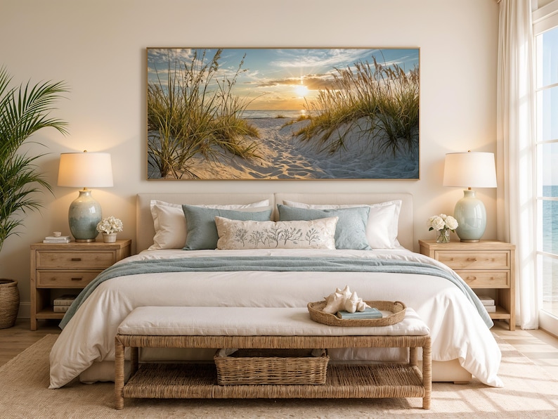 Seascape Painting, Ocean Beach With Sand Dunes Coastal Wall Art, Beach Grass Sunset Artwork Canvas Print Framed Ready To Hang image 11