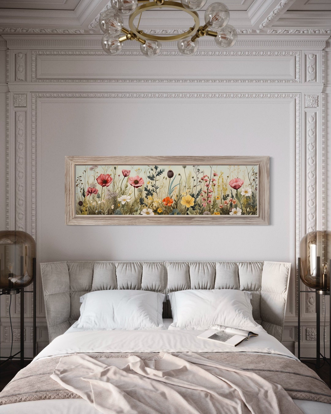 Long Horizontal Farmhouse Wall Art Panoramic Vintage Wildflowers Field