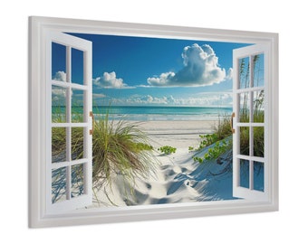 Fensteransicht Strand Sanddünen und Gras Gemälde Leinwanddruck, Faux Fenster Wandkunst fertig zum Aufhängen