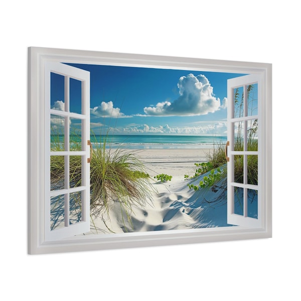 Window View Beach  Sand Dunes And Grass Painting Canvas Print, Faux Window Wall Art Ready To Hang