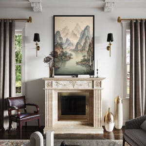 Shan Shui Hua - Antique Style Traditional Chinese Mountains River Landscape Painting Canvas Pint, Chinese Wall At, Famed Ready To Hang