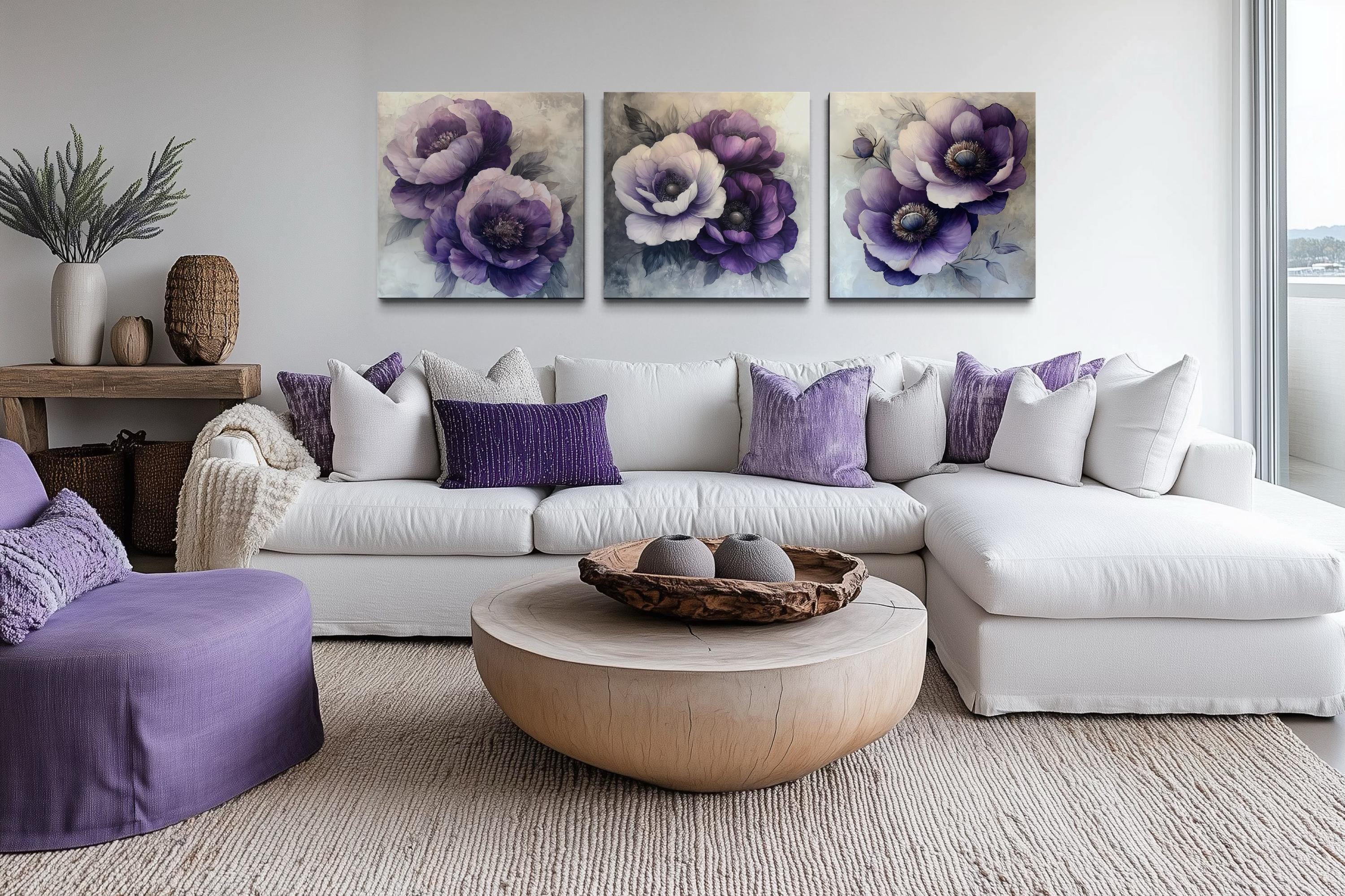 Set of 3 Purple Floral Wall Art – Purple Lavender Grey Flower Canvas ...