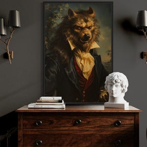 Gothic Werewolf Painting Canvas PRINT, Dark Academia Retro Victorian Werewolf Wall Art Spooky Halloween Decor Framed Ready To Hang