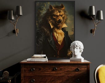 Gothic Werewolf Painting Canvas PRINT, Dark Academia Retro Victorian Werewolf Wall Art Spooky Halloween Decor Framed Ready To Hang