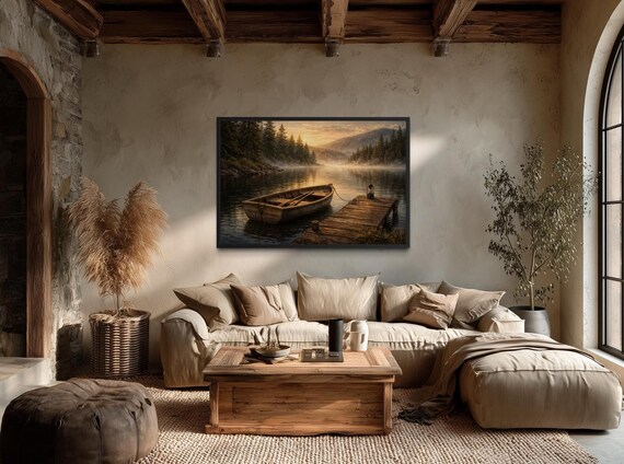 Rowboat at Quiet Lake Dock Wall Art Canvas Print Rustic Boat Painting Peaceful Nature Artwork, Fishing Cabin or Lodge Decor