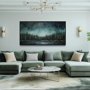 Abstract Night Sky Over Sage Green Fir Forest And Lake Painting Canvas PRINT, Living Room Wall Art, Nature Wall Decor Ready To Hang