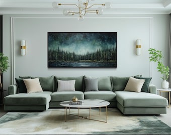 Abstract Night Sky Over Sage Green Fir Forest And Lake Painting Canvas PRINT, Living Room Wall Art, Nature Wall Decor Ready To Hang