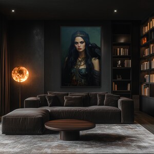 a modern living room with a large painting of a woman on the wall, a bookshelf filled with books, and a large window.