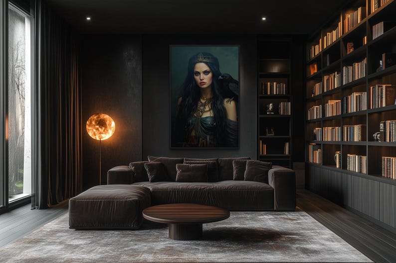 a modern living room with a large painting of a woman on the wall, a bookshelf filled with books, and a large window.