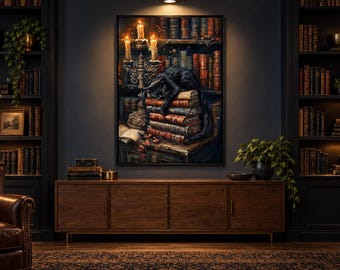 Gothic Halloween Wall Art Vintage Candlelit Books And Black Cat in Mystical Library Dark Academia Painting Canvas PRINT, Ready To Hang