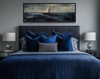 Long Horizontal Sailboat Canvas Print Nautical Wall Art for Bedroom or Beach House Above Bed or Sofa Coastal Painting Framed Ready To Hang