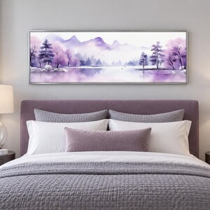 Purple Watercolor Over Bed Wall Art - Mountains Lake Painting Canvas PRINT, Minimalist Panoramic Bedroom Wall Decor Ready To Hang