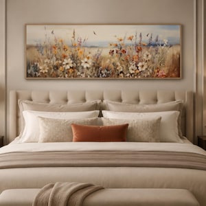 Retro Wildflowers Field Painting - Rustic Floral Wall Art, Farmhouse Retro Wall Decor, Minimalist Botanical Wall Art, Boho Over Bed Art