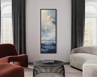 Tall Narrow Vertical Wall Art Abstract Ocean Painting Vertical Canvas PRINT, Navy Blue Gray Long Narrow Coastal Slim Artwork Ready To Hang