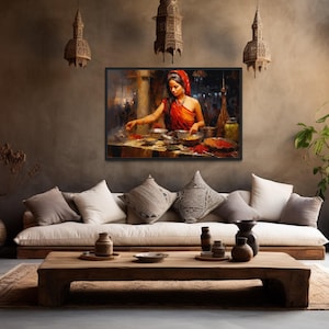 Indian Woman At Market Painting Canvas PRINT, Indian Bazaar Wall Art, South Asian Desi Art, Indian Wall Decor,  Framed Ready To Hang