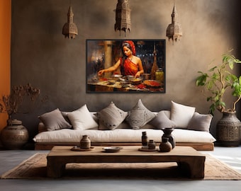 Indian Woman At Market Painting Canvas PRINT, Indian Bazaar Wall Art, South Asian Desi Art, Indian Wall Decor,  Framed Ready To Hang