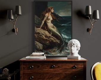 Mermaid Sitting On A Rock Wall Art Painting Canvas PRINT, Dark Academia Gothic Mermaid Wall Art, Victorian Portrait Wall Decor Ready To Hang