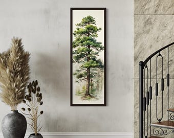 Tall Pine Tree Narrow Vertical Canvas Wall Art – Nature Inspired Forest Painting for Rustic Cabin, Lodge, or Modern Living Room
