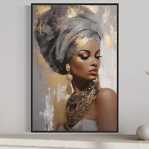 a large framed painting of a woman with a headdress, displayed on a wall.