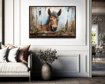 Farmhouse Wall Art, Farm Horse Rustic Painting on Wood Effect Canvas PRINT, Farm Animals Art PRINTs, Framed Ready to Hang
