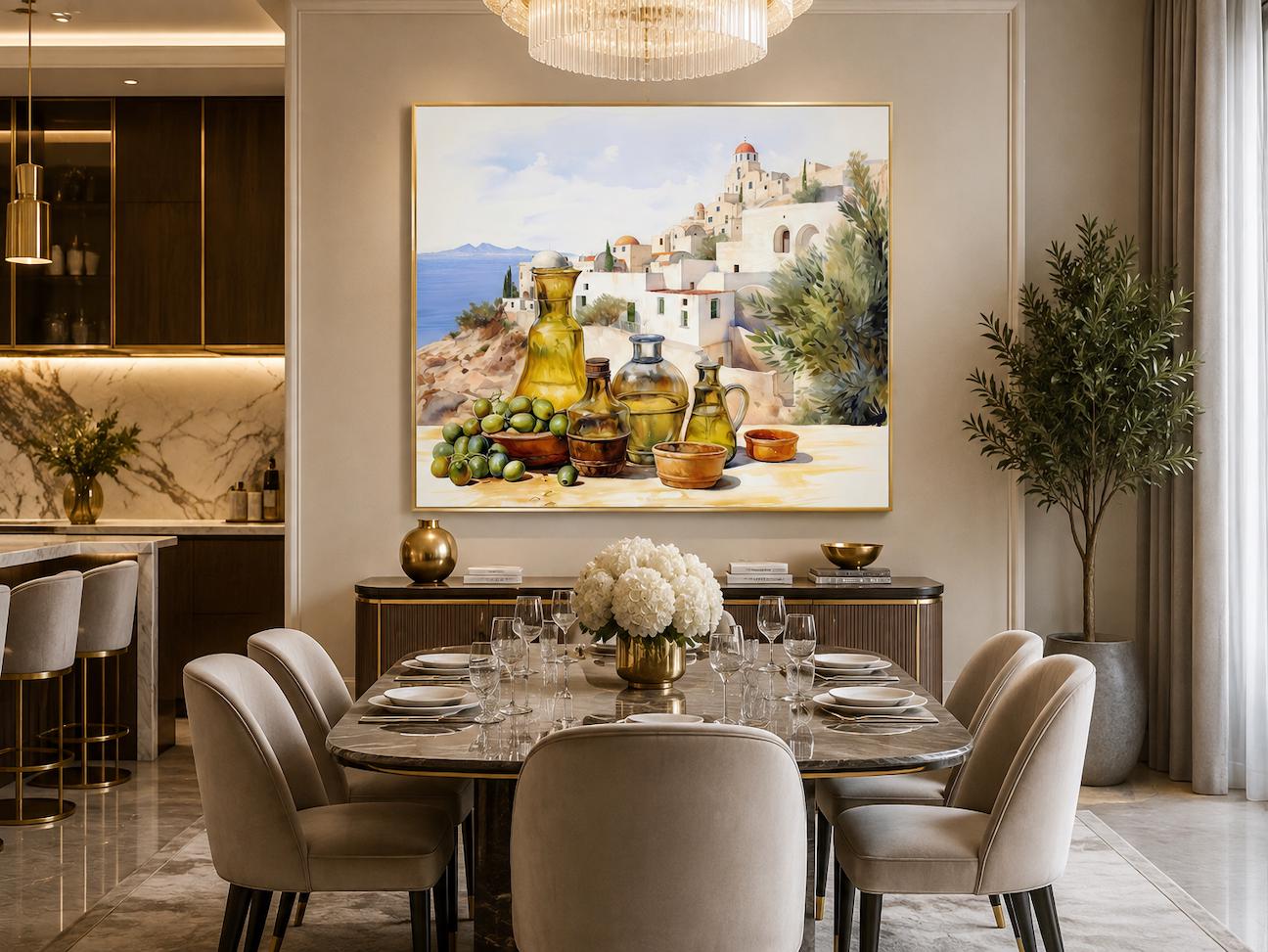 Kitchen Wall Art, Dining Room Decor - Olives And Oil Watercolor Painting Canvas PRINT, Greece Landscape, Mediterranean Artwork Ready To Hang