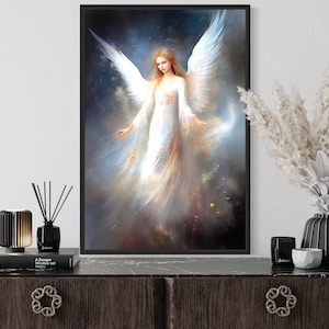 White Angel Painting Canvas PRINT, Beautiful Angel in Heaven Wall Art, Christian Religious Spiritual Artwork Framed Ready To Hang