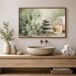 May include: A rectangular wall art print featuring a stack of smooth grey stones, green eucalyptus branches, white rolled towels, and two lit cream-coloured candles. The artwork is displayed in a dark brown frame above a wooden bathroom vanity.