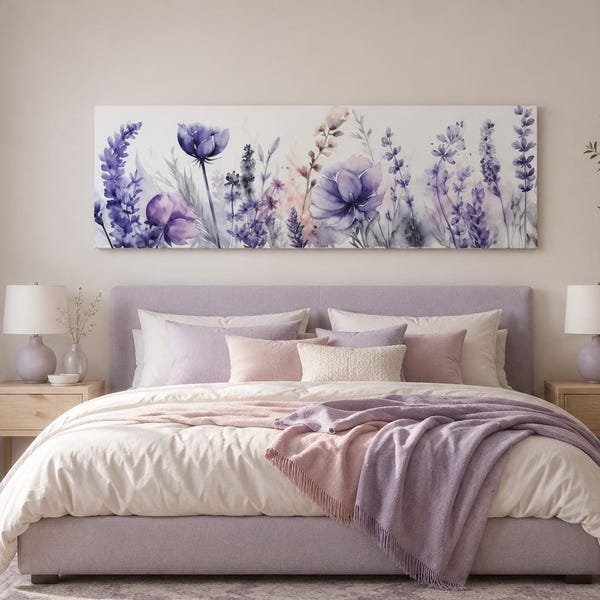 Over Bed Wall Art Lavender Wildflowers Panoramic Wall Art Canvas PRINT, Purple Wildflowers Botanical Minimalist Painting, Boho Wall Decor